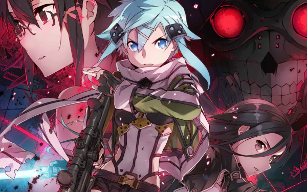 HD wallpaper of Sword Art Online II featuring characters Kirito, Sinon, and Death Gun in a dynamic pose.