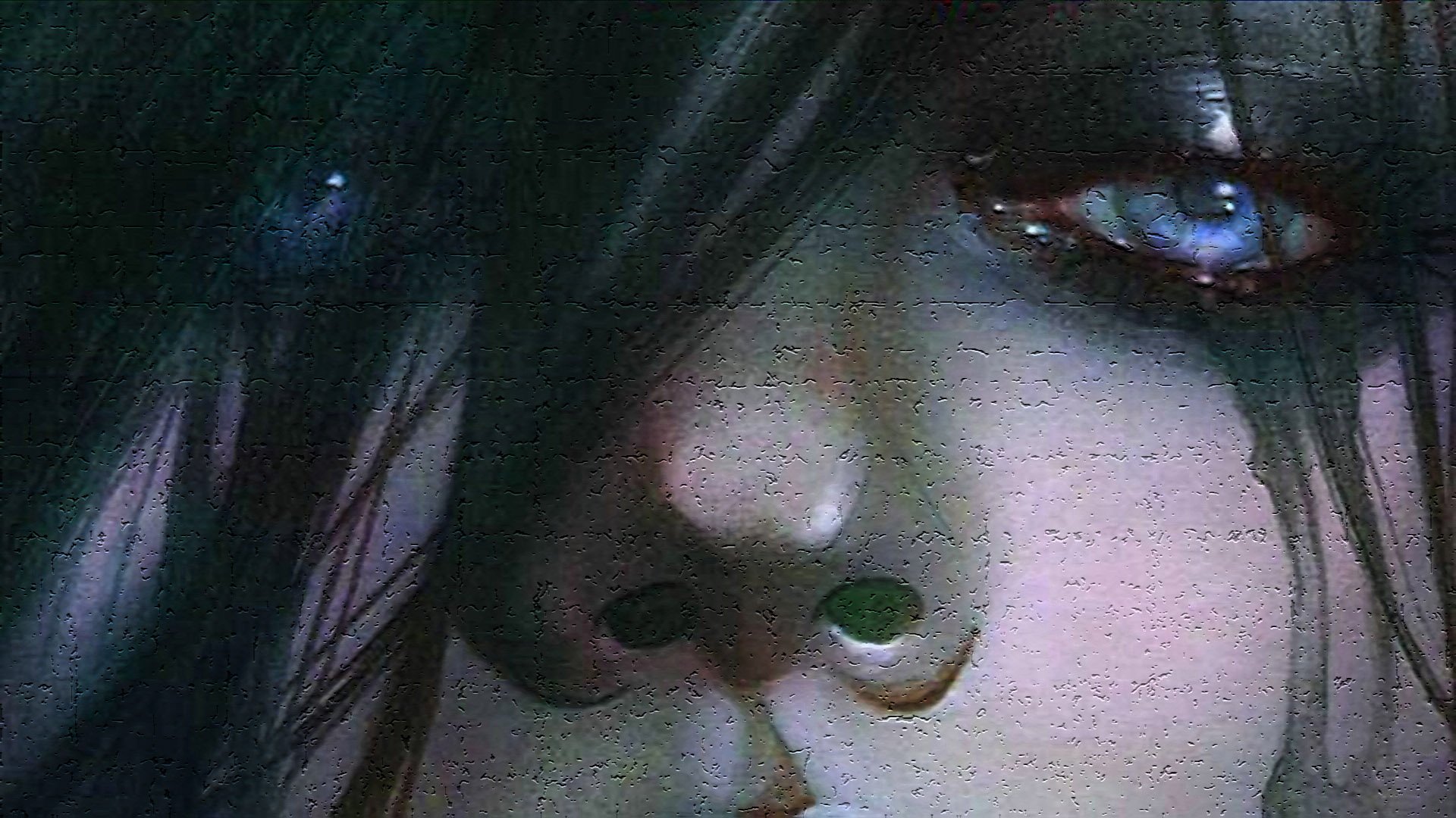 HD comic-style desktop wallpaper: close-up of a pale, blue-eyed Hack/Slash character with dark hair partially obscuring her face.