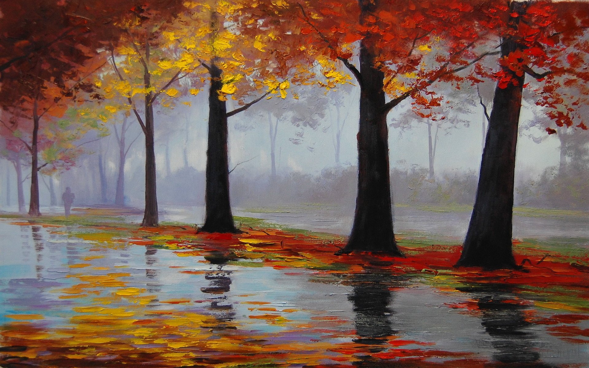 Artistic HD painting of autumn trees with vibrant red and yellow leaves reflected in calm water, creating a serene and colorful PC desktop wallpaper background.