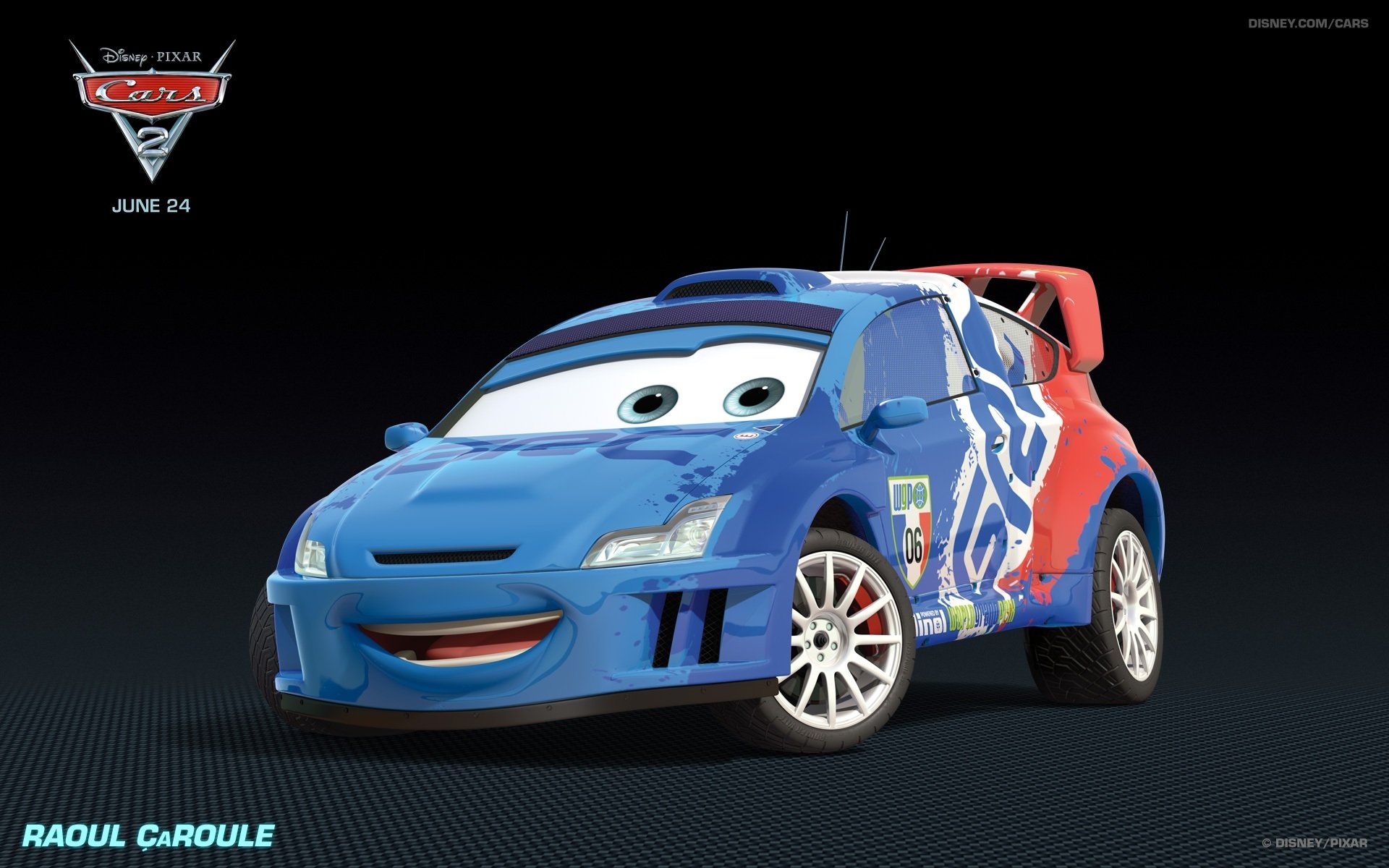 HD PC desktop wallpaper featuring Raoul ÇaRoule, a character from the movie Cars 2, against a dark background with the Cars 2 logo and release date.