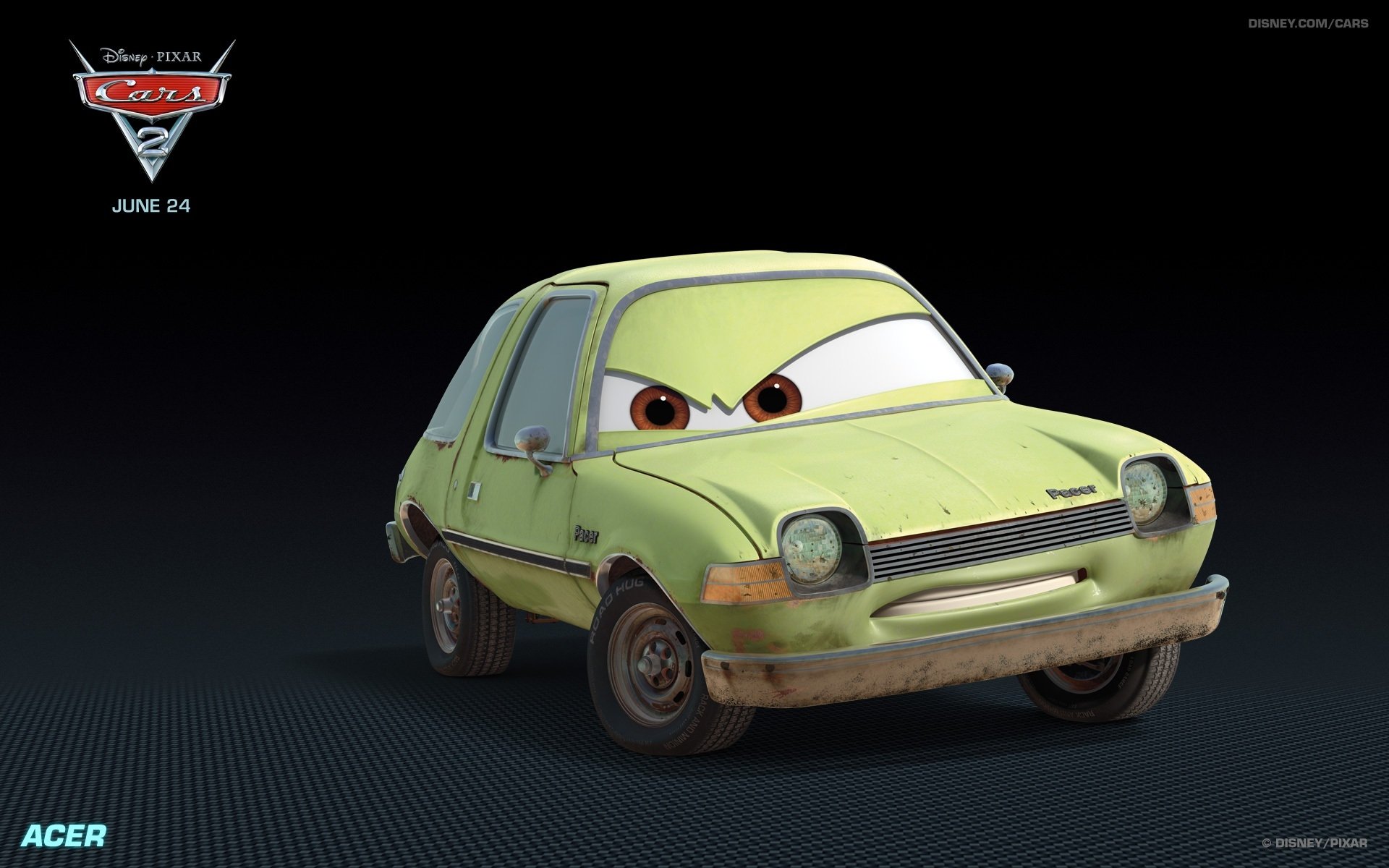 HD PC desktop wallpaper featuring a character from the movie Cars 2, showcasing a green, weathered car with expressive eyes on a dark background.