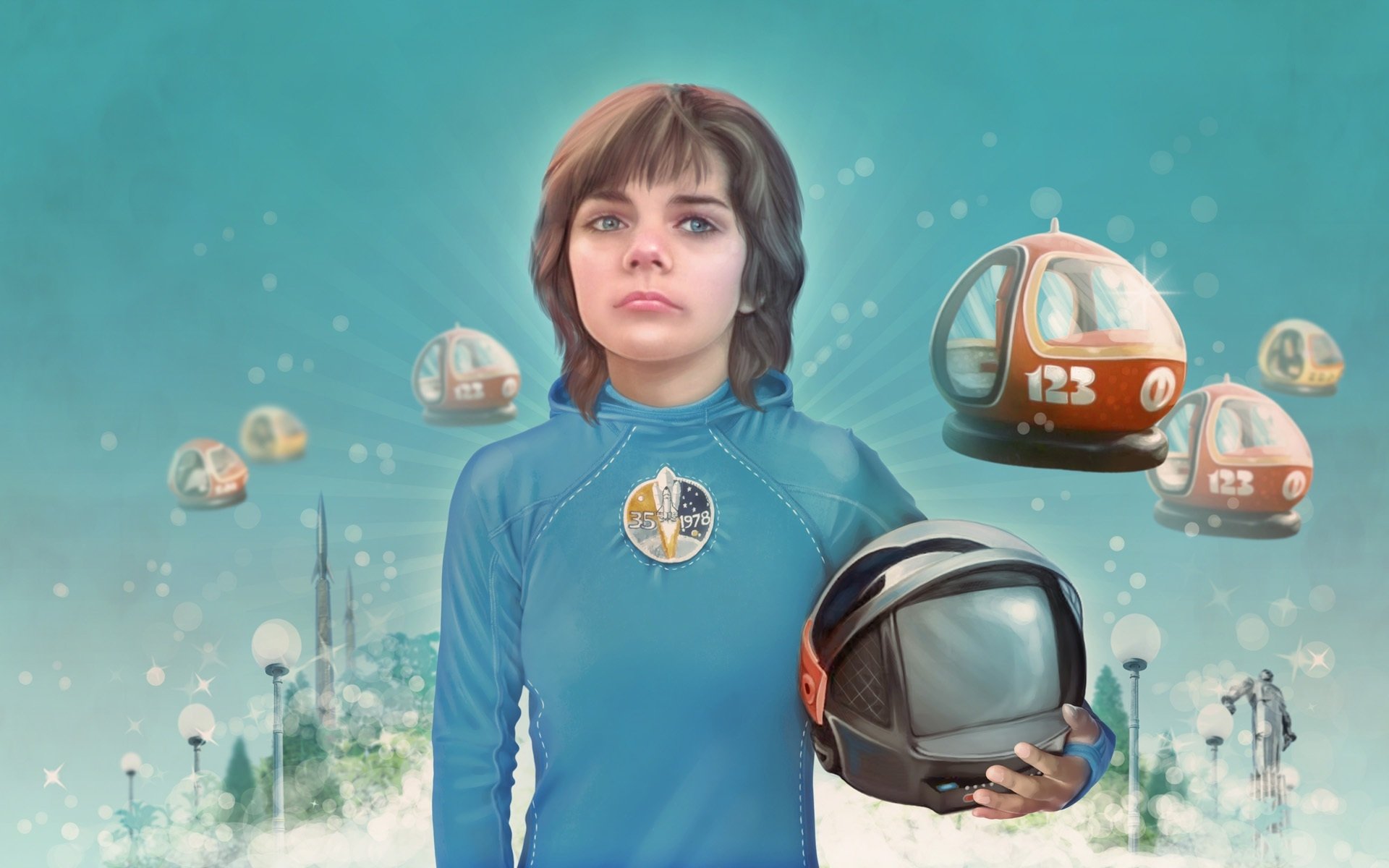 HD PC desktop wallpaper of a sci‑fi TV show scene from Guest from the Future: young woman in a blue uniform holding a helmet, floating pods and a misty futuristic city backdrop.