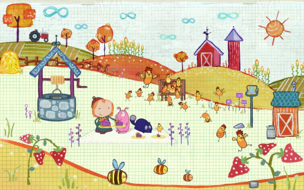 HD desktop wallpaper featuring Peg + Cat animated characters in a colorful farm scene with animals and a whimsical sun.
