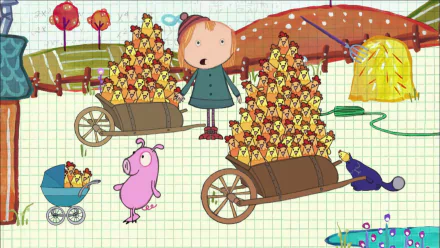 HD desktop wallpaper featuring Peg and Cat from the animated series, with Peg surrounded by chickens in wagons on a graph-paper background.