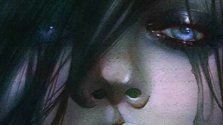 HD comic-style desktop wallpaper: close-up of a pale, blue-eyed Hack/Slash character with dark hair partially obscuring her face.