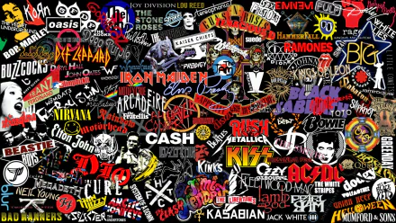 HD desktop wallpaper featuring a vibrant collage of various iconic band logos and music artist symbols.