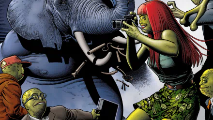 Comic, Dial H HD PC desktop wallpaper: red-haired, green-skinned woman photographs an elephant while two green-skinned characters tinker with gadgets.