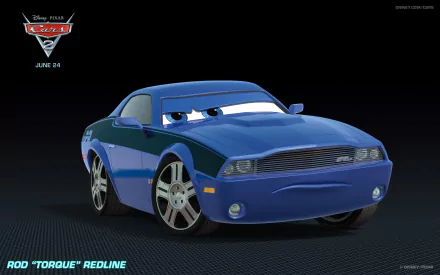 HD PC desktop wallpaper of Rod Torque Redline from Disney Pixar Cars 2: a blue animated muscle car with narrowed eyes on a dark textured background.