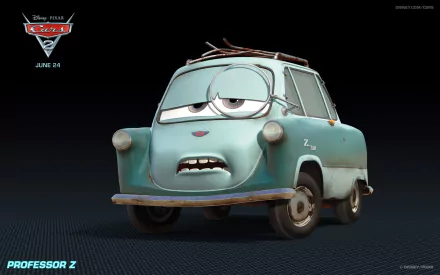 HD PC desktop wallpaper featuring Professor Z from the movie Cars 2, showcasing his distinct tired expression against a dark background.