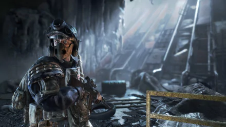 HD PC desktop wallpaper and background from the video game Metro Last Light Redux: a gas-masked, armored survivor aims a rifle inside a ruined, light-dappled metro station.