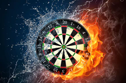 A HD desktop wallpaper featuring a dart board half engulfed in flames and the other half splashed with water, blending the elements of fire and water in a striking visual contrast.