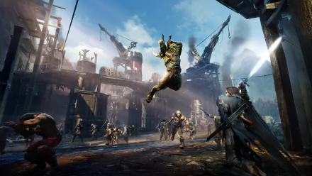 4K Ultra HD PC desktop wallpaper showcasing an intense battle scene from the video game Middle-earth: Shadow of Mordor, featuring dynamic character action and detailed environment.