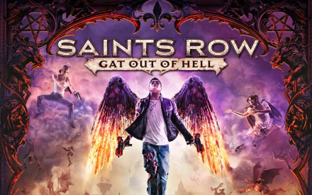 A vibrant HD wallpaper from the video game Saints Row: Gat Out Of Hell, featuring a character with angelic wings amidst a dramatic, hellish backdrop.