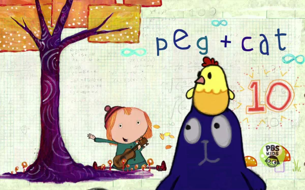 HD desktop wallpaper of Peg + Cat, featuring the characters beside a tree on a math-themed background.