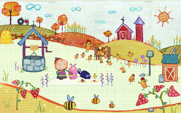 HD desktop wallpaper featuring Peg + Cat animated characters in a colorful farm scene with animals and a whimsical sun.