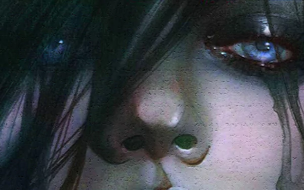 HD comic-style desktop wallpaper: close-up of a pale, blue-eyed Hack/Slash character with dark hair partially obscuring her face.