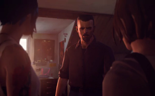 HD desktop wallpaper featuring characters David Madsen, Chloe Price, and Max Caulfield from the video game Life Is Strange in a tense indoor scene.