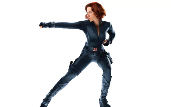 Scarlett Johansson as Black Widow in a dynamic pose from The Avengers. This HD wallpaper features her in a sleek, action-ready black suit, embodying strength and agility.