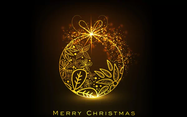 HD minimalist Christmas desktop wallpaper featuring a glowing golden bauble ornament with intricate designs, against a dark background. Merry Christmas is written in yellow at the bottom.