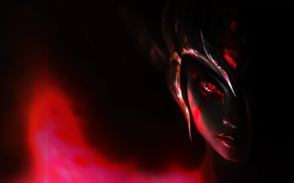 HD wallpaper of Morgana from League of Legends against a dark, fiery red background, capturing her intense gaze and detailed armor from the realm of Demacia.