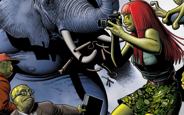 Comic, Dial H HD PC desktop wallpaper: red-haired, green-skinned woman photographs an elephant while two green-skinned characters tinker with gadgets.