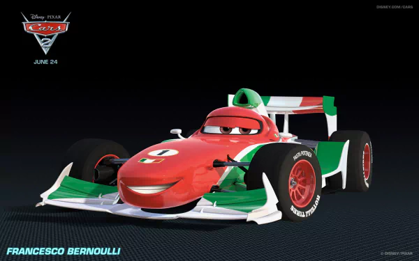 A vibrant HD wallpaper featuring Francesco Bernoulli, a character from the movie Cars 2, showcasing his sleek racing design and bright colors against a dark background.