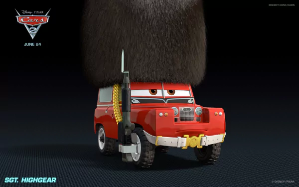 A vibrant HD wallpaper featuring Sgt. Highgear from Pixar's Cars 2, showcasing a red Land Rover with distinctive features and a unique hairstyle against a dark background.