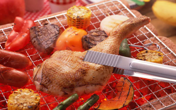  Chicken leg with steak and vegetables for lunch or dinner on a home made barbecue