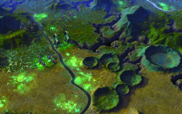 Civilization: Beyond Earth HD desktop wallpaper featuring an alien landscape with green luminescent vegetation and cratered terrain.