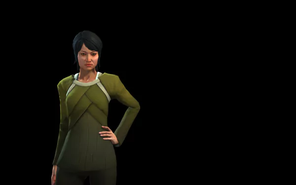 HD wallpaper of a character from Civilization: Beyond Earth, standing confidently against a black background.