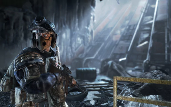 HD PC desktop wallpaper and background from the video game Metro Last Light Redux: a gas-masked, armored survivor aims a rifle inside a ruined, light-dappled metro station.