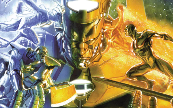Comic-style HD PC desktop wallpaper featuring the Silver Surfer: a central metallic cosmic visage flanked by two dynamic Surfer figures against contrasting blue and orange cosmic energy.