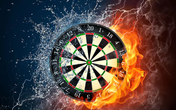 A HD desktop wallpaper featuring a dart board half engulfed in flames and the other half splashed with water, blending the elements of fire and water in a striking visual contrast.