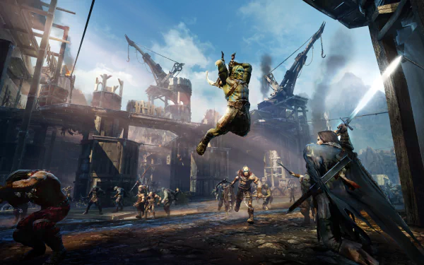 4K Ultra HD PC desktop wallpaper showcasing an intense battle scene from the video game Middle-earth: Shadow of Mordor, featuring dynamic character action and detailed environment.