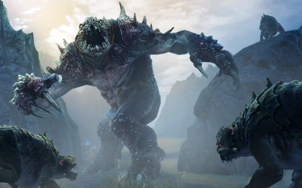 A 4K Ultra HD PC wallpaper from the video game Middle-earth: Shadow of Mordor, depicting a towering, monstrous creature surrounded by smaller beastly figures in a misty, rocky landscape.