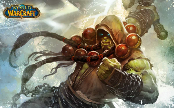 HD desktop wallpaper from the video game World of Warcraft features an armored character with glowing eyes and large beads, poised for battle in a dynamic, stormy setting.