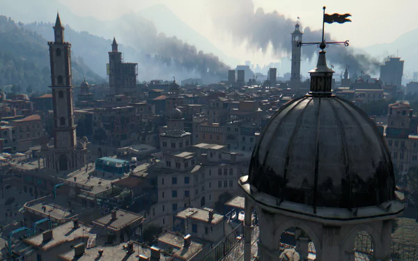 HD PC desktop wallpaper featuring a detailed cityscape from the video game Dying Light, showcasing urban buildings under a hazy, smoky sky.