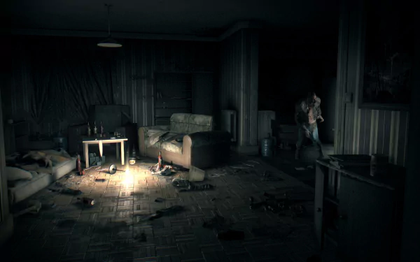 HD PC desktop wallpaper featuring a dark, eerie interior scene from the video game Dying Light with scattered debris and a tense atmosphere.