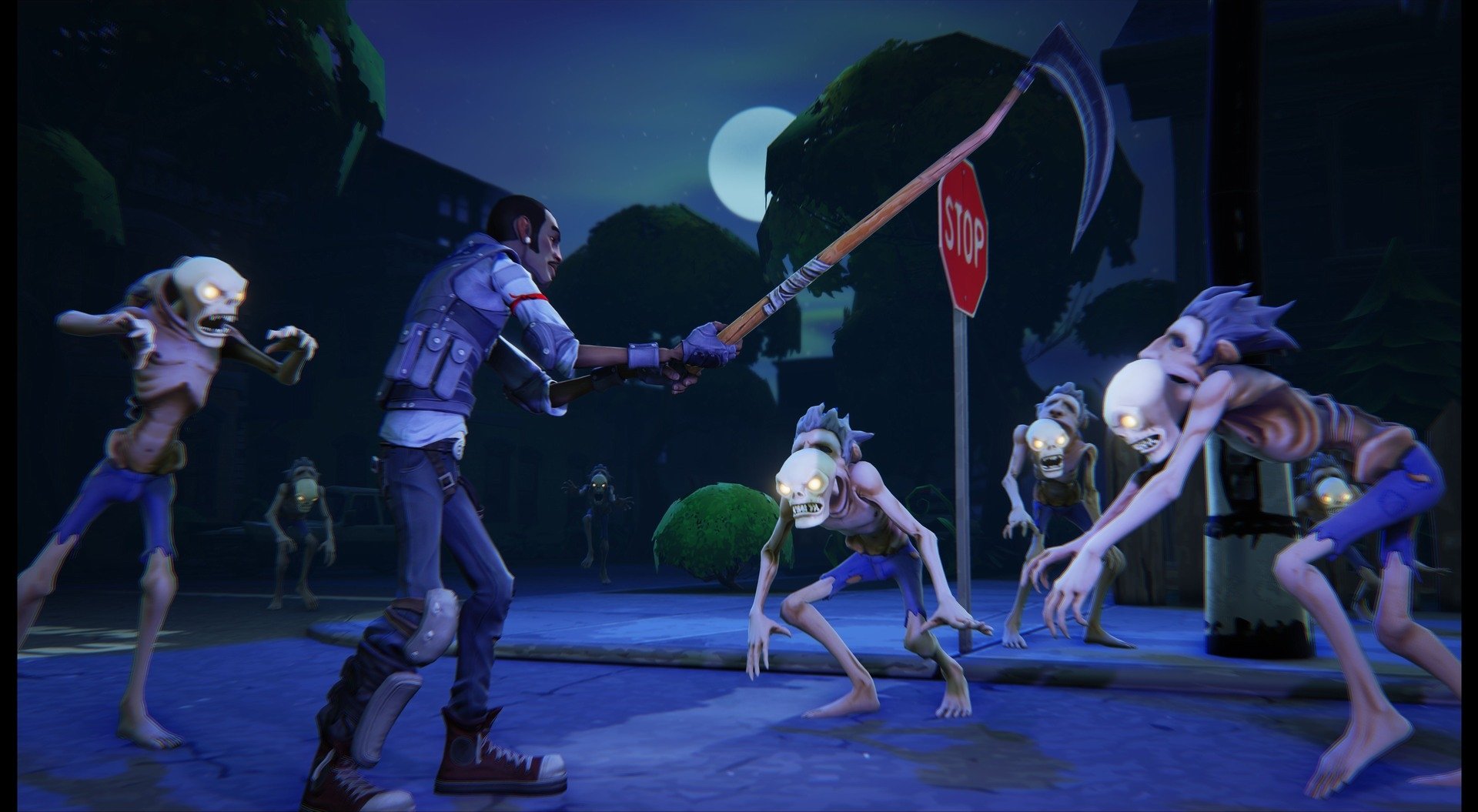 A character from the video game Fortnite battles skeletal enemies under a moonlit sky, showcasing action and adventure in this HD PC desktop wallpaper.