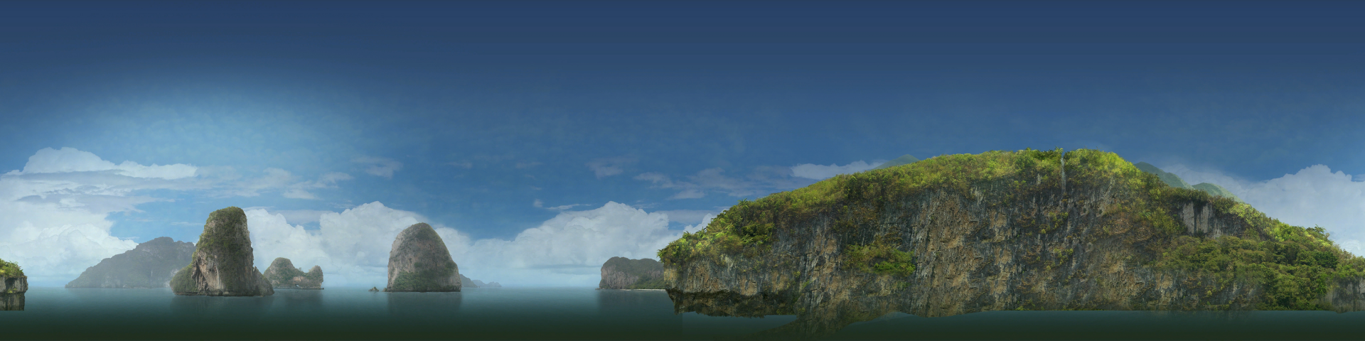 HD desktop wallpaper featuring a sunlit coastal scene in Thailand from the video game Tomb Raider: Underworld, showcasing lush cliffs and a calm ocean under a clear sky.