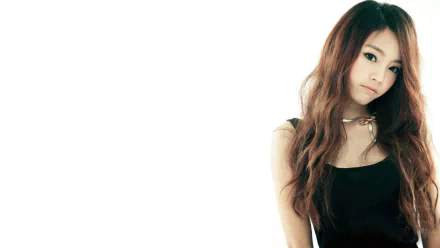 HD Korean K-pop music desktop wallpaper: solo female singer in a black dress against white negative space, minimalist KARA-era aesthetic.