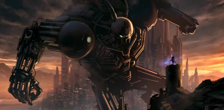 A futuristic scene featuring a massive robot towering over a city skyline at sunset, with a lone figure standing on a rock, evoking a dramatic sci-fi atmosphere. HD desktop wallpaper.