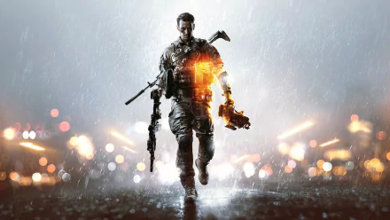 HD Battlefield 4 video game desktop wallpaper showing a soldier walking through rain with bokeh lights in the background.