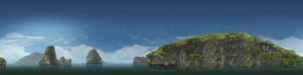 HD desktop wallpaper featuring a sunlit coastal scene in Thailand from the video game Tomb Raider: Underworld, showcasing lush cliffs and a calm ocean under a clear sky.