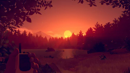A serene sunset over a forested landscape, with a hand holding a walkie-talkie, captures the atmosphere of Firewatch. This HD wallpaper immerses viewers in the game's tranquil scenery.