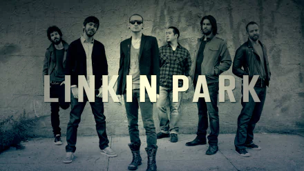 A striking HD desktop wallpaper featuring the band Linkin Park, showcasing the members in a stylish, monochromatic setting with the band's name prominently displayed.