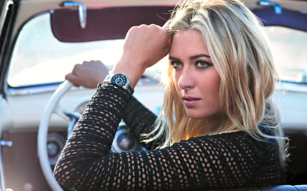 HD desktop wallpaper featuring Maria Sharapova in a sports-themed image, seated confidently in a car with a focused expression.