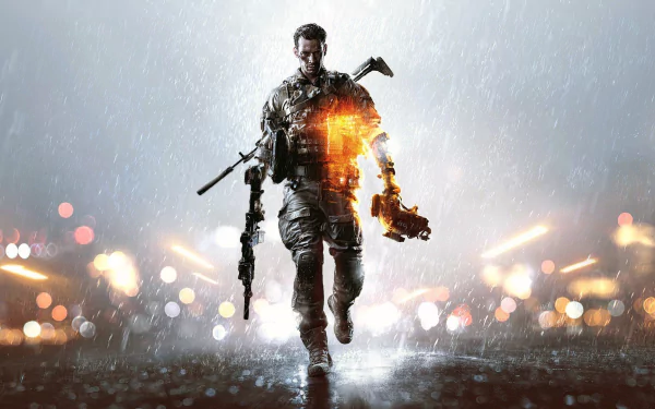 HD Battlefield 4 video game desktop wallpaper showing a soldier walking through rain with bokeh lights in the background.