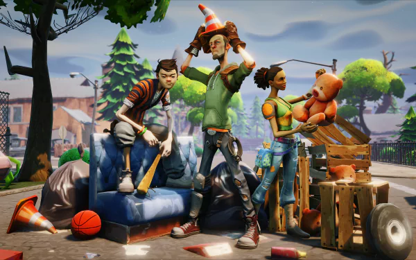 HD desktop wallpaper of Fortnite featuring three characters interacting in a colorful outdoor setting, surrounded by various props like a basketball, teddy bear, and traffic cone.