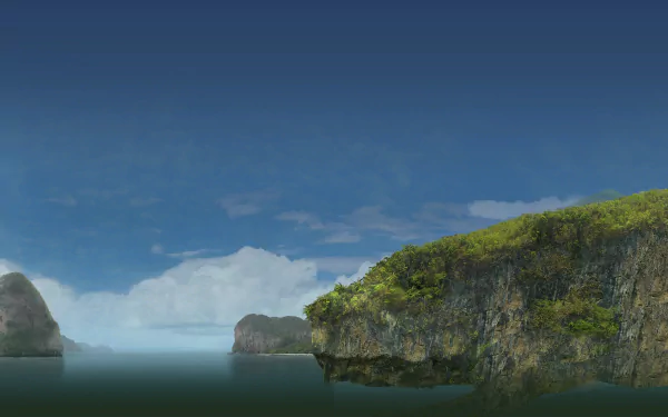 HD desktop wallpaper featuring a sunlit coastal scene in Thailand from the video game Tomb Raider: Underworld, showcasing lush cliffs and a calm ocean under a clear sky.